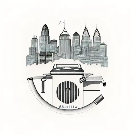 A grill filled with steaks with smoke billowing out, forming the skyline of Charlotte, Atlanta, and New York. knives  tattoo design idea