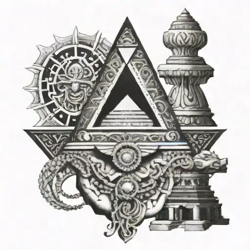 kaaba, pyramid, hand of hamsa, cross, chakras intertwined tattoo design idea