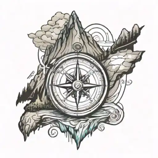 Compass with mountain above it, river flowing from it and map in the background tattoo design idea