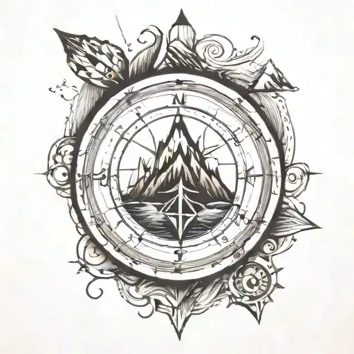 Compass with mountain above it, river flowing from it and map in the background tattoo design idea