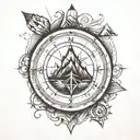 Compass with mountain above it, river flowing from it and map in the background tattoo design idea