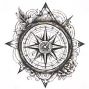 Compass with mountain above it, river flowing from it and map in the background tattoo design idea