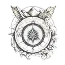 Compass with mountain above it, river flowing from it and map in the background tattoo design idea