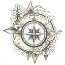 Compass with mountain above it, river flowing from it and map in the background tattoo design idea