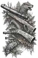 A detailed hunting rifle with a fishing rod wrapped around it, surrounded by woodland animals tattoo design idea