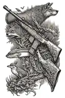 A detailed hunting rifle with a fishing rod wrapped around it, surrounded by woodland animals tattoo design idea