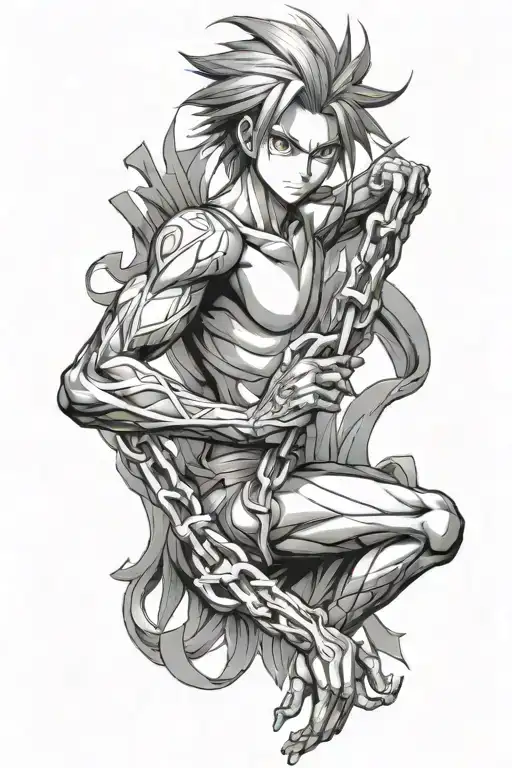 a wraparound upper arm tattoo for men that incorporates kurapika's chains from hunter x hunter anime. tattoo design idea
