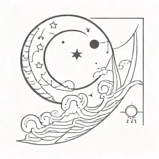 A celestial-themed tattoo featuring a crescent moon surrounded by waves, with the numbers 11:11 shining brightly as stars in the night sky tattoo design idea