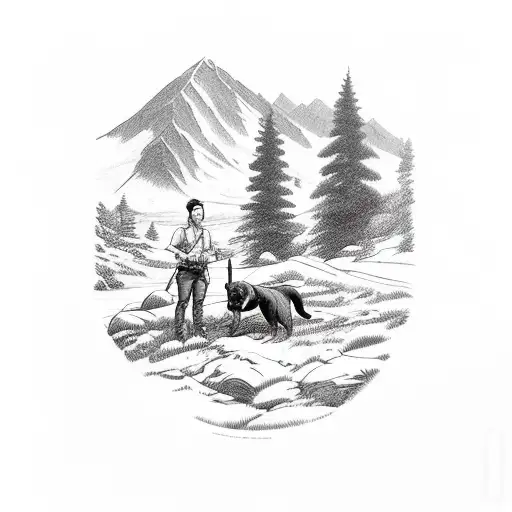 hunter standing holding a shot gun along with his dog in a coffee estate looking at mountain scene  tattoo design idea