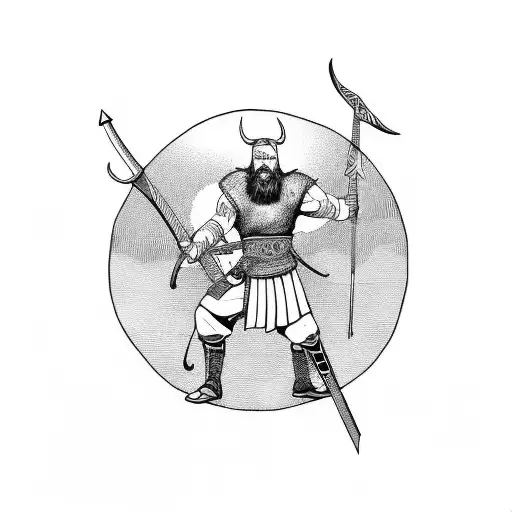 A Viking warrior riding a flying guitar through the clouds tattoo design idea