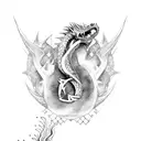 A fierce dragon wrapped around a guitar, breathing fire and surrounded by Nordic runes tattoo design idea