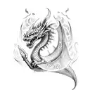 A fierce dragon wrapped around a guitar, breathing fire and surrounded by Nordic runes tattoo design idea