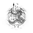 A fierce dragon wrapped around a guitar, breathing fire and surrounded by Nordic runes tattoo design idea