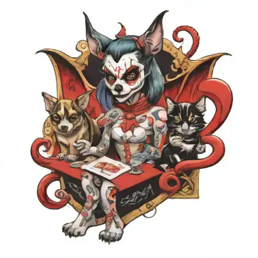 dogs sitting devil girl holding buterlfy joker card tattoo design idea