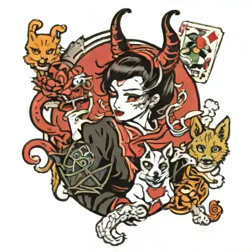 dogs sitting devil girl holding buterlfy joker card tattoo design idea