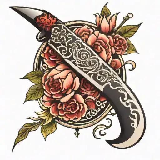 Japanese knife with flowers tattoo design idea