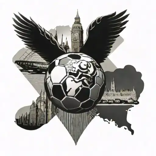 A soccer ball with wings flying over iconic landmarks of Switzerland, Australia, and Manchester, symbolizing the client's love for these places tattoo design idea