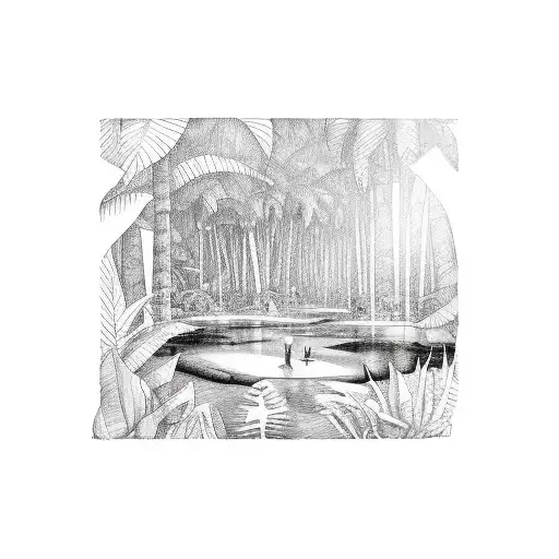 Tropical rainforest with a group of friends enjoying a smoke session tattoo design idea