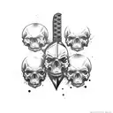 katana stabbing 3 skulls tattoo design idea