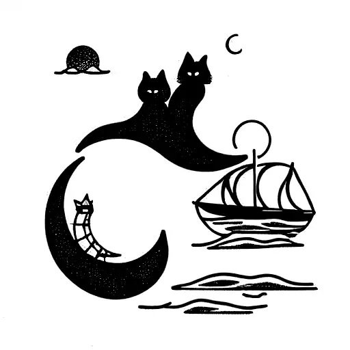 two cats sitting on boat on the sea waves with moon in background tattoo design idea