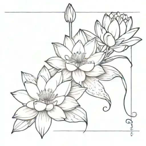 fine line water lily and violet bouquet tattoo design idea