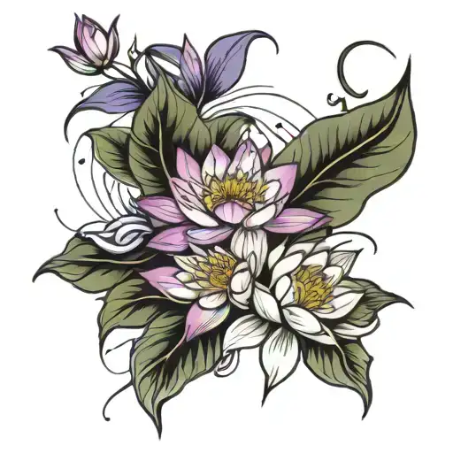 fine line water lily and violet bouquet tattoo design idea
