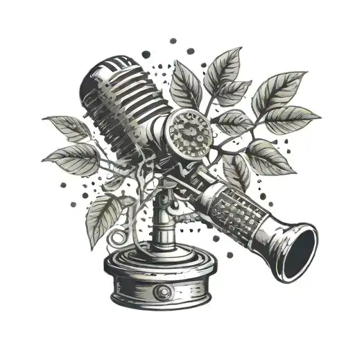 A money tree growing from a vintage microphone, with technology circuitry intertwined tattoo design idea