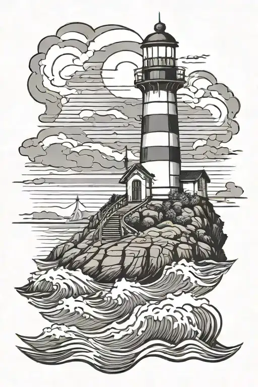 lighthouse on hill surrounded by water in perspective  tattoo design idea