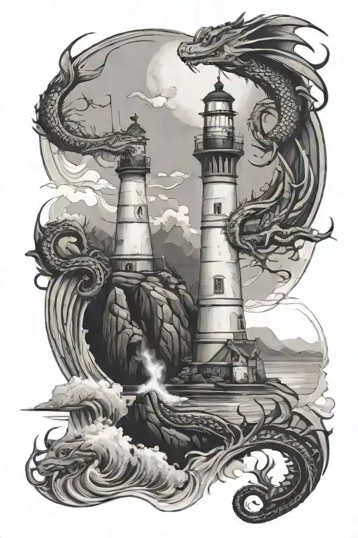 lighthouse on hill surrounded by water dragon tattoo design idea