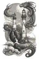 lighthouse on hill surrounded by water dragon tattoo design idea