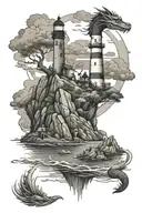 lighthouse on hill surrounded by water dragon tattoo design idea