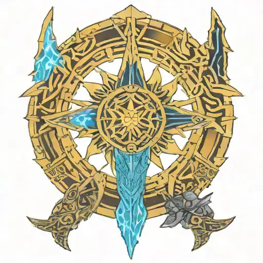A Stargate with a blue glow, SG-1 team in tactical gear on one side, a golden Goa'uld symbol on the other, and an F-302  tattoo design idea