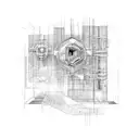 A detailed blueprint of a futuristic architectural structure tattoo design idea