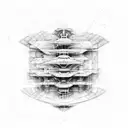 A detailed blueprint of a futuristic architectural structure tattoo design idea