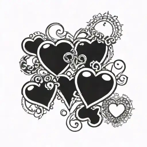 A group of interconnected hearts with each heart containing the first letter of a friend's name (S, K, V, M, G) tattoo design idea