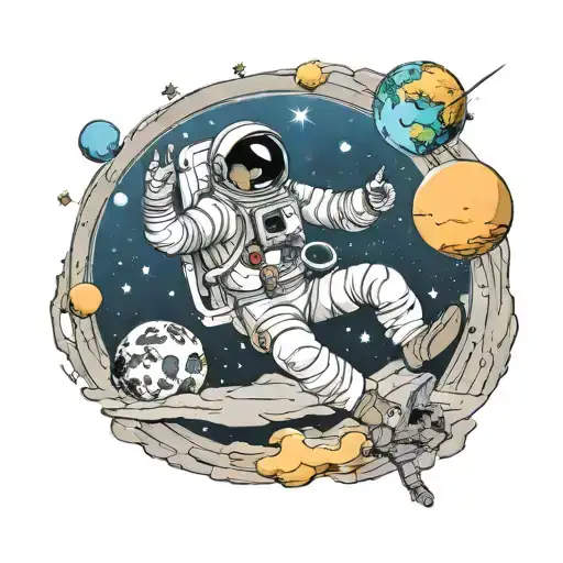 a play off of the creation of Adam but with an astronaut pointing to a mirror and the other side is the young boy  tattoo design idea