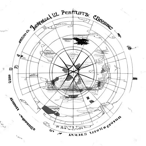 A detailed map of Antarctica with a pentacle symbol in the center, surrounded by various wildlife and country music notes tattoo design idea