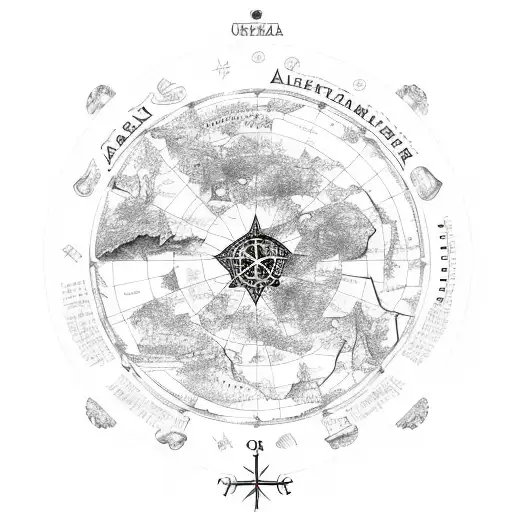 A detailed map of Antarctica with a pentacle symbol in the center, surrounded by various wildlife and country music notes tattoo design idea