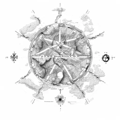 A detailed map of Antarctica with a pentacle symbol in the center, surrounded by various wildlife and country music notes tattoo design idea
