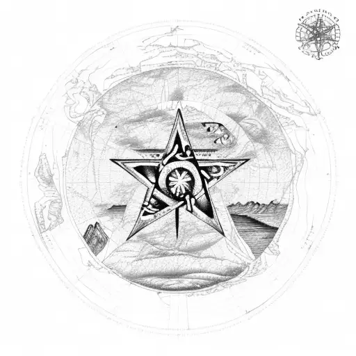 A detailed map of Antarctica with a pentacle symbol in the center, surrounded by various wildlife and country music notes tattoo design idea