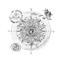 A detailed map of Antarctica with a pentacle symbol in the center, surrounded by various wildlife and country music notes tattoo design idea