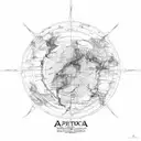 A detailed map of Antarctica with a pentacle symbol in the center, surrounded by various wildlife and country music notes tattoo design idea