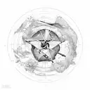 A detailed map of Antarctica with a pentacle symbol in the center, surrounded by various wildlife and country music notes tattoo design idea