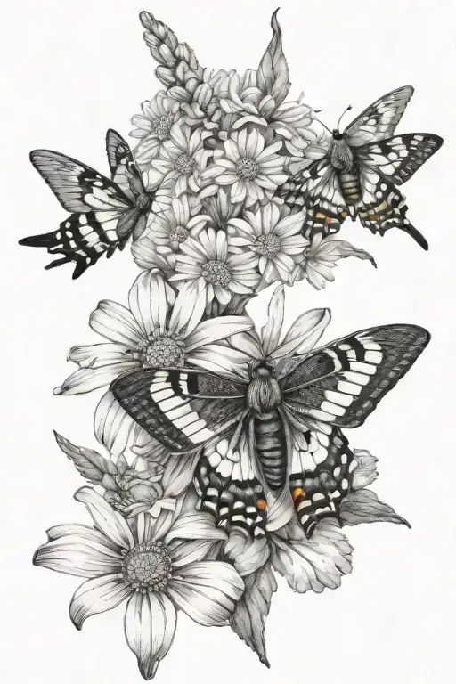3 roses, lychnis flowers, 2 daisies, intertwined chipmunk, 1 hummingbird hawkmoth tattoo design idea