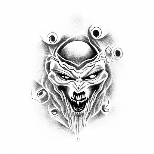 A collection of horror movie icons, like a vampire, werewolf, and ghost, surrounded by dark, twisting vines tattoo design idea