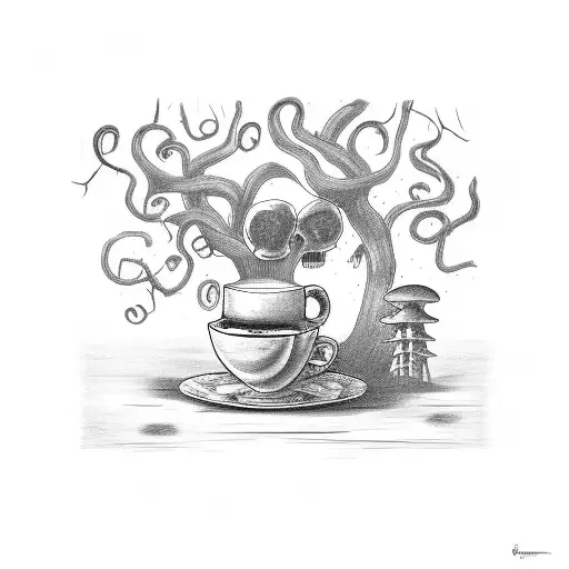 A creepy barista serving up coffee with a side of horror, surrounded by vines and mushrooms tattoo design idea