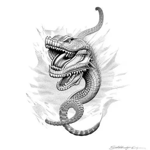 Shelby mustang driving off of the tounge of a cobra  tattoo design idea