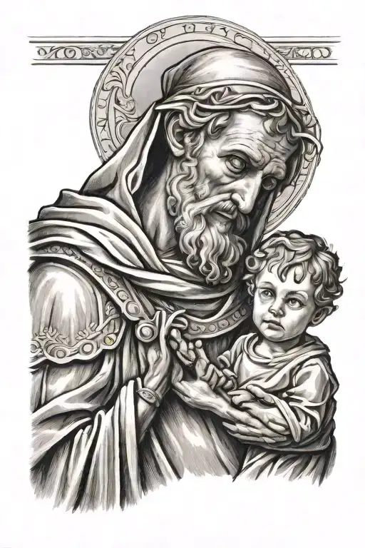 saint samuel with little boy looking  tattoo design idea