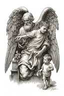 saint samuel with wings while  little boy walking looking up at him tattoo design idea