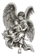 saint samuel with wings while  little boy walking looking up at him tattoo design idea